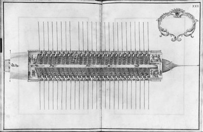Bouw, uitrusting en tewaterlating van een galei, bovenaanzicht van een galei, plaat XXII door French School